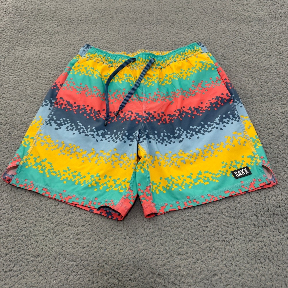 Saxx Swim Shorts Mens Medium Oh Buoy 2N1 Volley 7" Rainbow Pixel Stripe